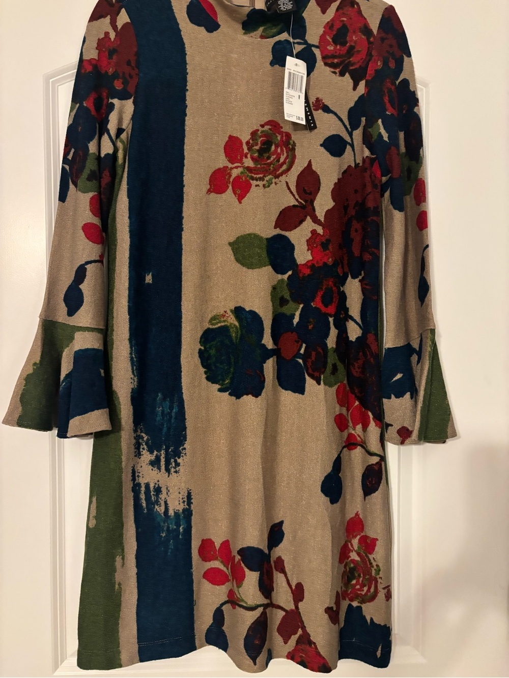Grace Elements Beige Knit Dress with Navy & Red Floral Accents